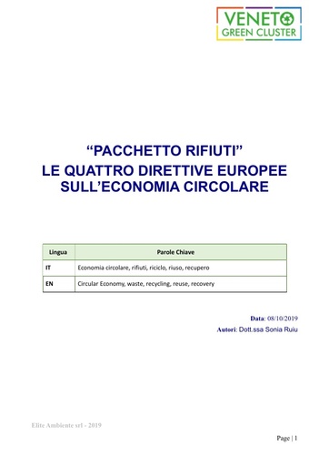 “PACCHETTO RIFIUTI” LE QUATTRO DIRETTIVE EUROPEE SULL’ECONOMIA CIRCOLARE
